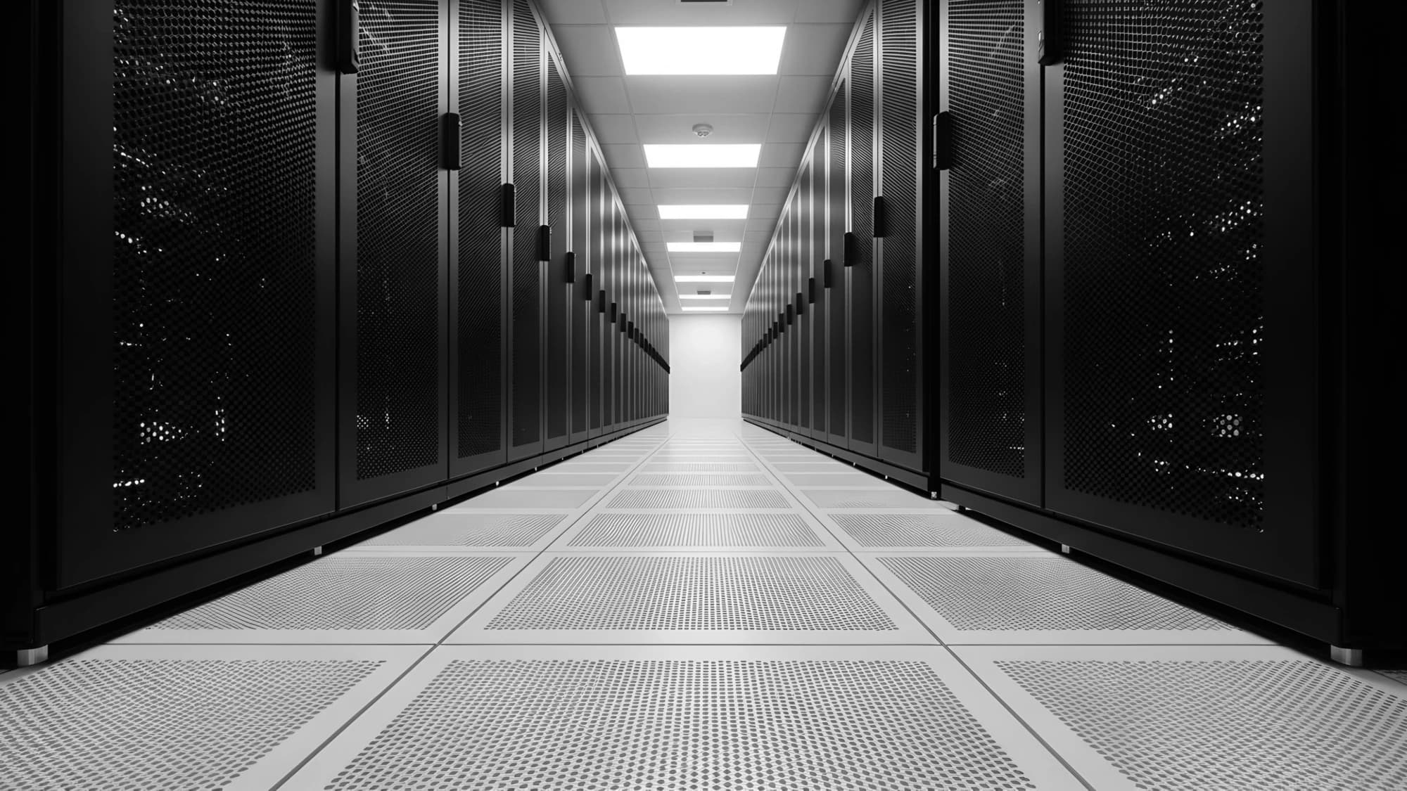 Data-center aisle receding between rows of server racks toward a bright vanishing point, monochrome